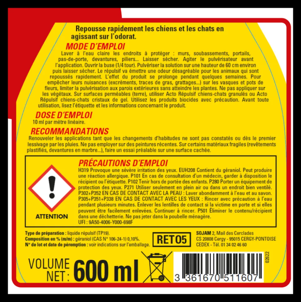 ACTO - Acto chiens 鈥épulsif - pulverisateur de 600ml