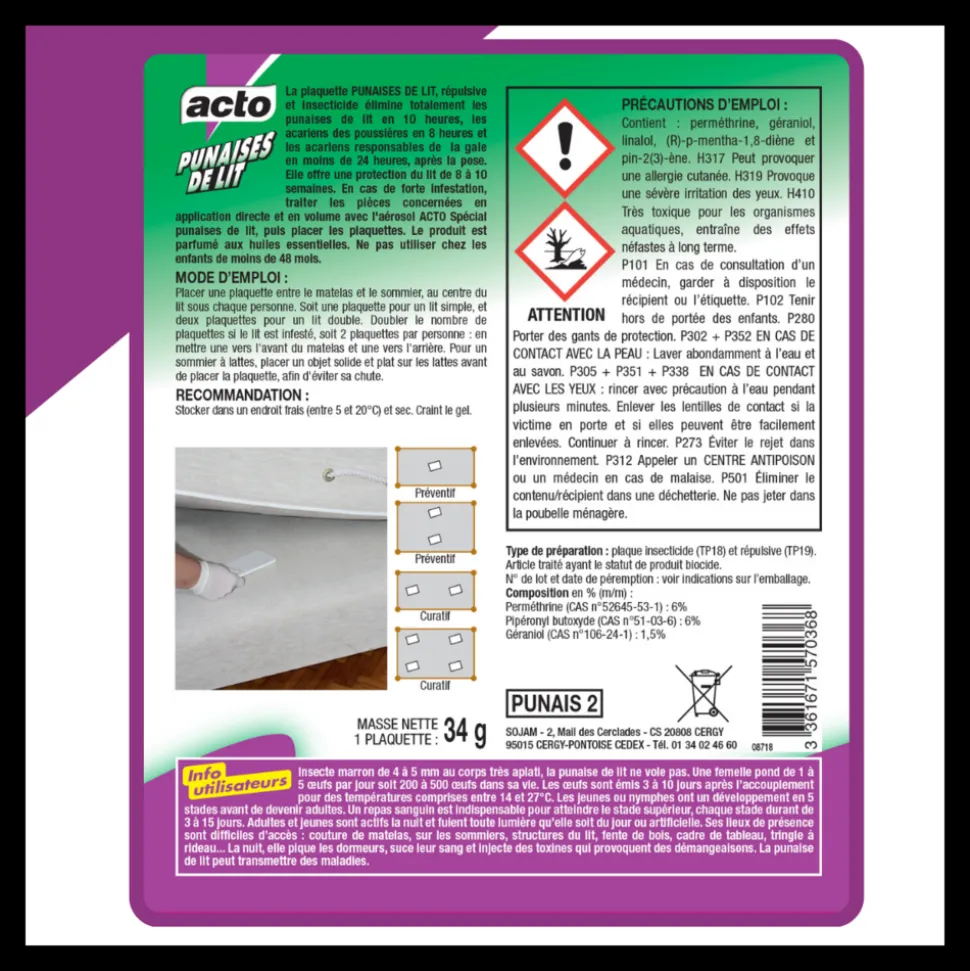 ACTO - Acto plaquette punaises de lit - répulsive et insecticide
