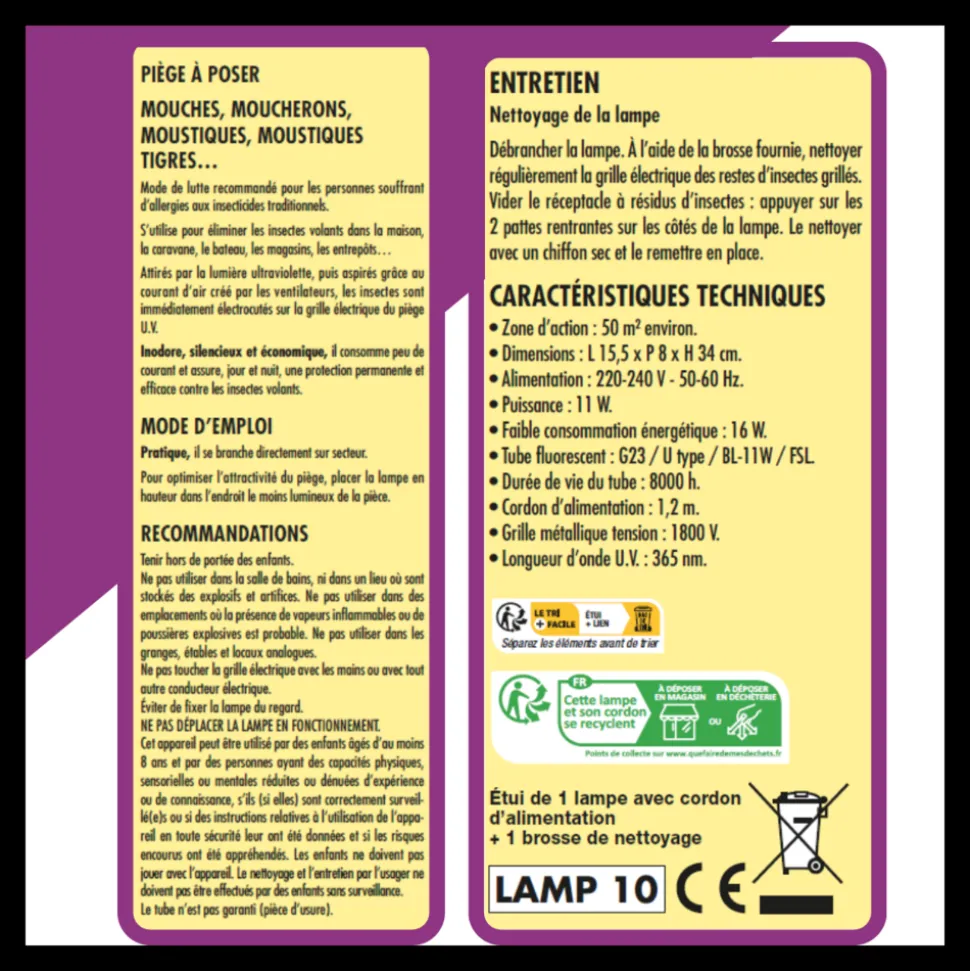 ACTO - Lampe u.v grill'insectes avec aspirateur - triple action