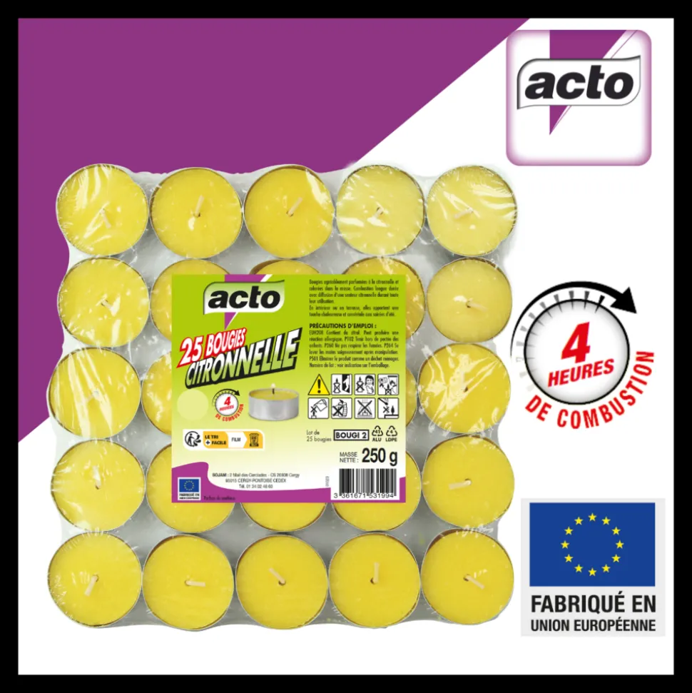 ACTO - Lot de 25 bougies citronnelle compactes: protection 4 heures contre les moustiqu