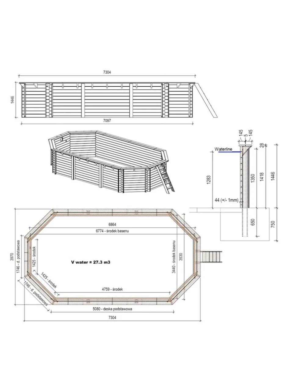 ALTANKA - Piscine en bois nemo 7,3x3,97 - h.1,45 m fixations à visser - bas7305ospl - altanka