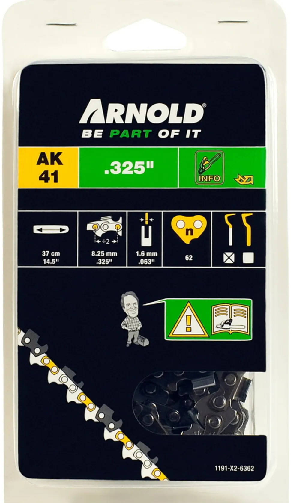ARNOLD - Chaîne de tronçonneuse 325"/1,6 mm - 62 maillons d’entraineurs