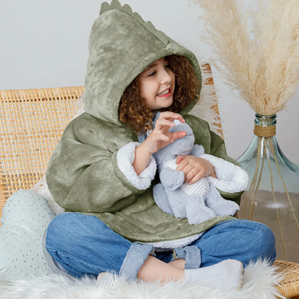 ATMOSPHERA CREATEUR D'INTERIEUR - Plaid sweatshirtshirtshirt capuche "dinosaure" - vert kaki