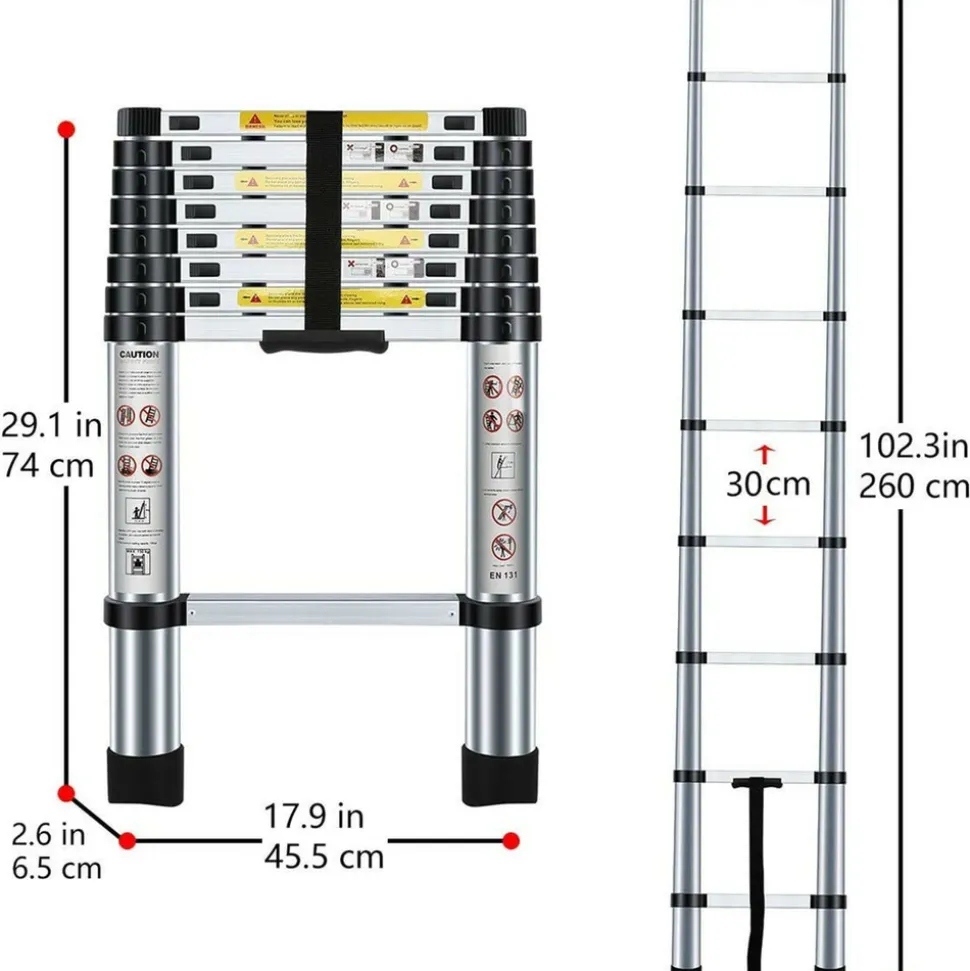 BM TOOLS - Échelle télescopique bm tools 2,6m en acier inoxydable, charge 150kg pliable extensible unique droite multi-fonction, bricolage