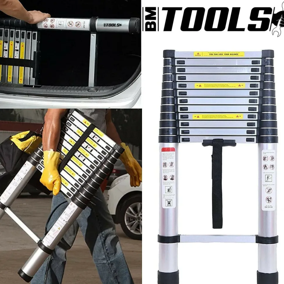 BM TOOLS - Échelle télescopique bm tools 3,8m en acier inoxydable, charge 150kg pliable extensible unique droite multi-fonction, bricolage