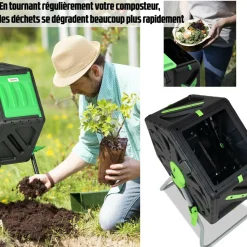BM TOOLS - Composteur domestique de jardin, bac à compost rotatif 360 de 70l - décomposition rapide des matières organiques pour engrais