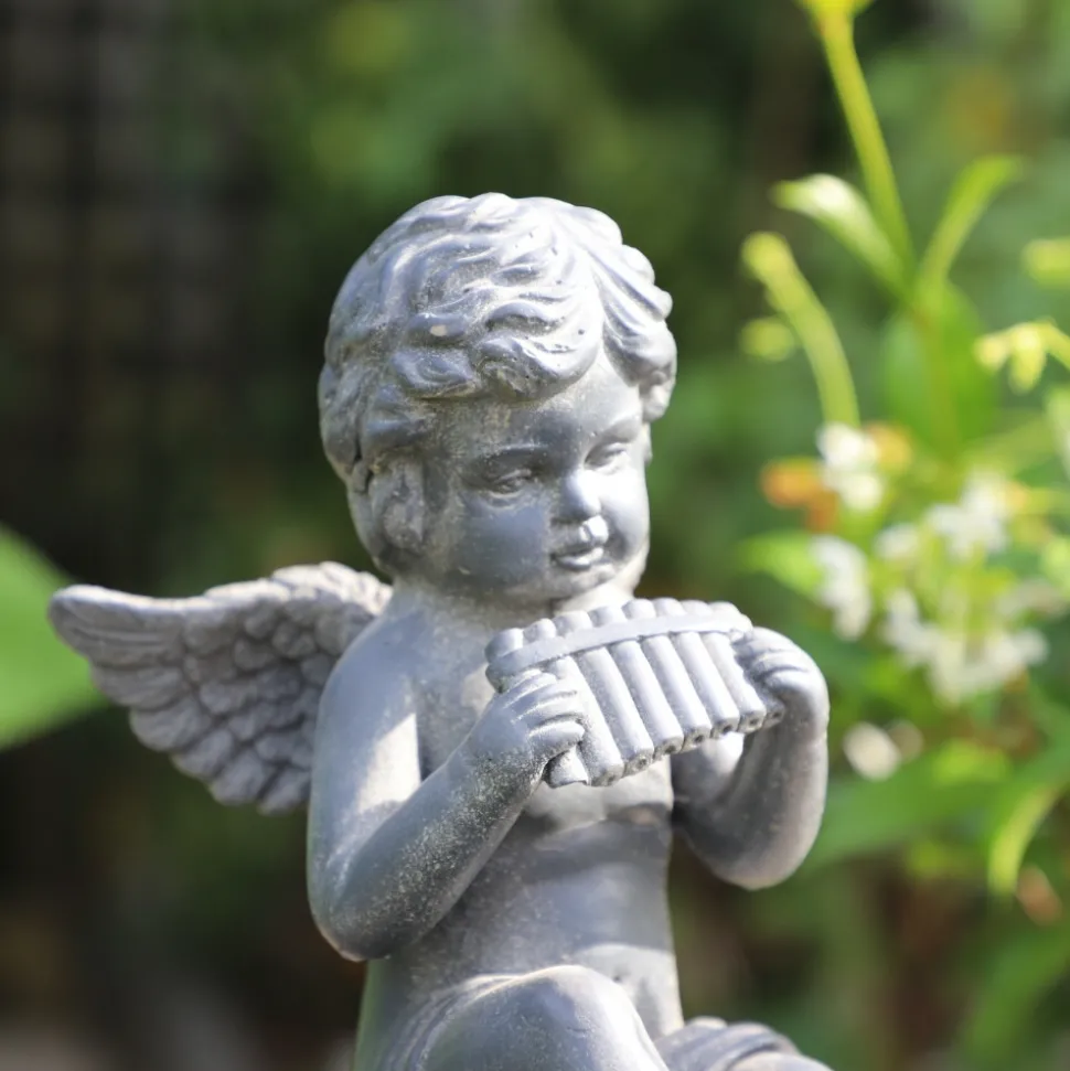 CHEMIN DE CAMPAGNE - Statuette statue sculpture jardin ange flûte béton gris 24.5cm