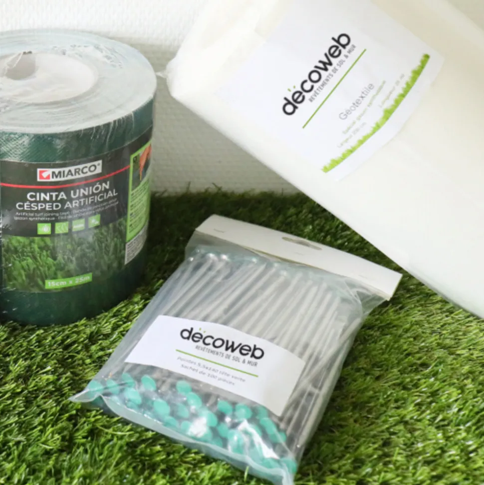 DÉCOWEB - Kit de pose pour gazon synthétique sur sol meuble - 50m² - avec couteau alu et mètre