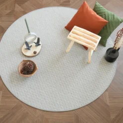DÉCOWEB - Tapis rond intérieur / extérieur - timika blanc craie - galon gris - ø 120 cm