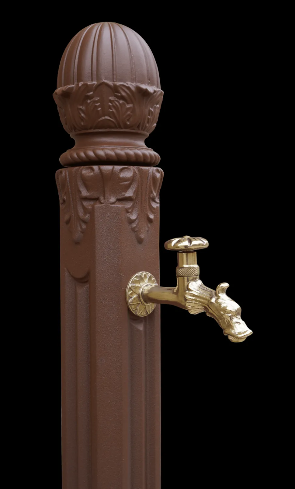 DOMMARTIN - Fontaine borne griffon avec vasque style corten (ral mars 2525) avec robinet colvert dommartin h. 110cm x l. 51cm