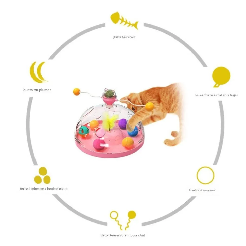 DOWNYPAWS - Canne à pêche pour chat-jouet plateau tournant pour chat et balle-jouet interactif avec boules d'herbe à chat, rose