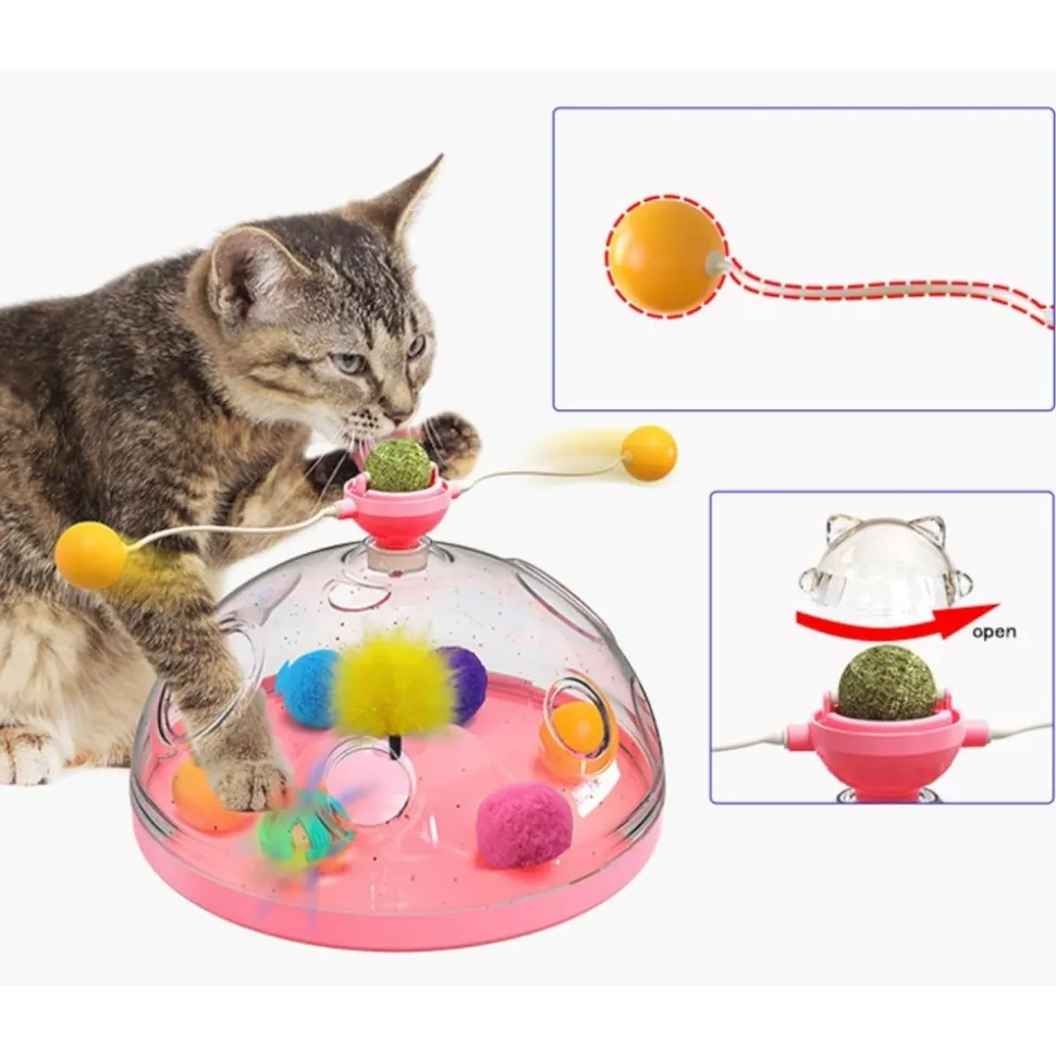DOWNYPAWS - Canne à pêche pour chat-jouet plateau tournant pour chat et balle-jouet interactif avec boules d'herbe à chat, rose