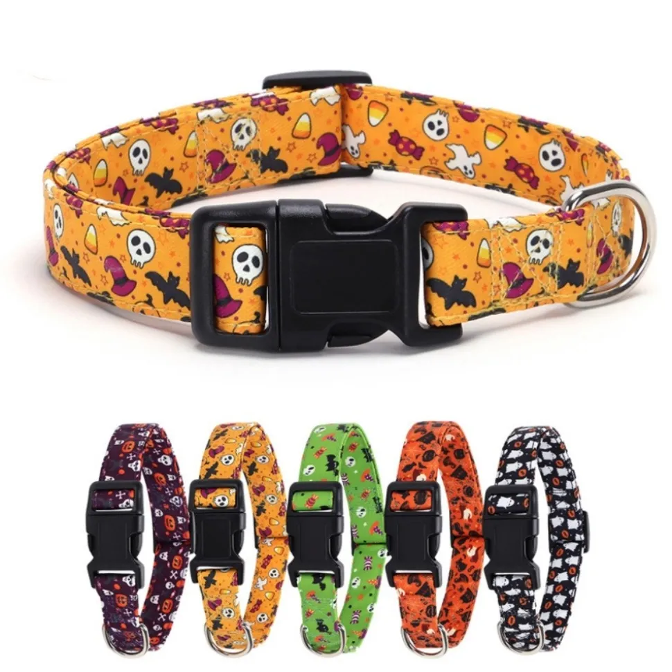 DOWNYPAWS - Collier pour chien d'halloween avec motifs de citrouille, fantôme et chauve - souris taille s : 1,5*40cm jaune