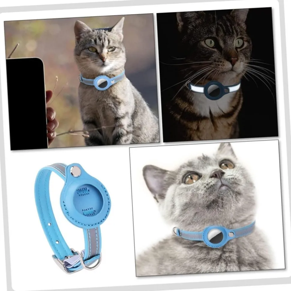 DOWNYPAWS - Collier traqueur gps pour chats et chiens - en cuir synthétique bleu s