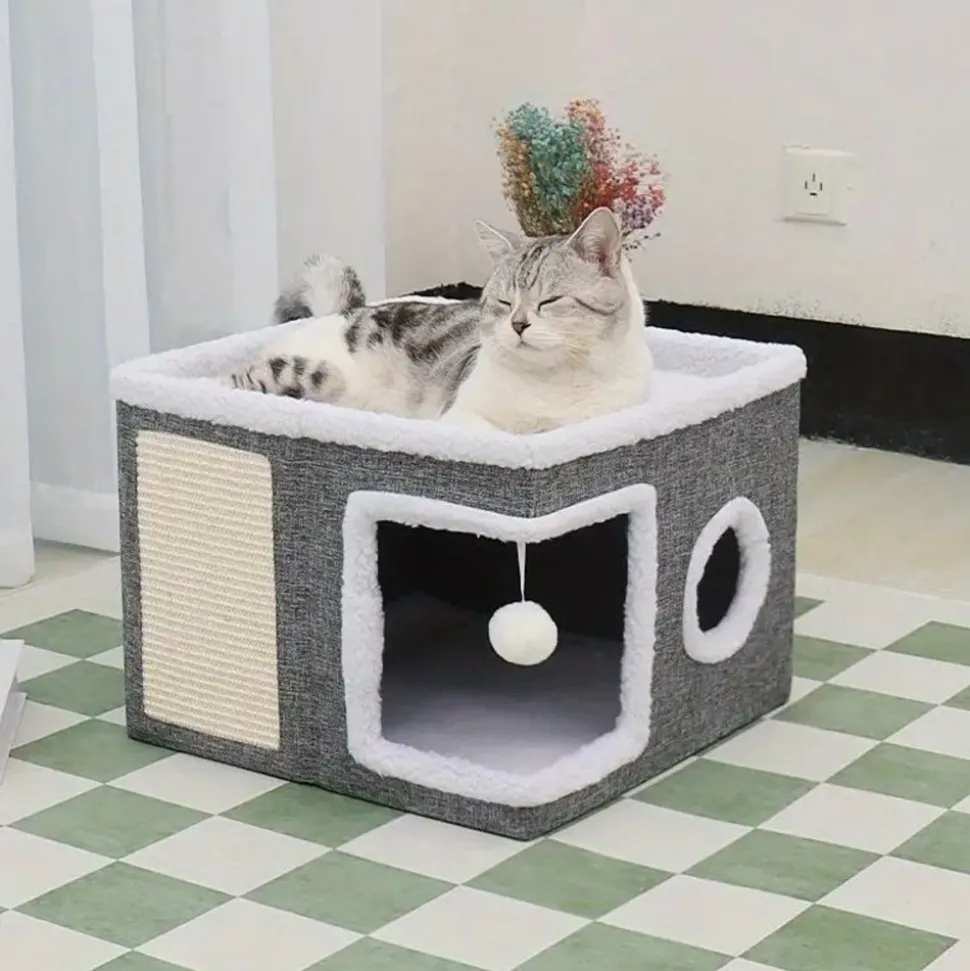 DOWNYPAWS - Maison Pour Chat De Luxe, Plusieurs Niveaux, Lits 2 Niveaux, Tunnel, Corde Et Tapis