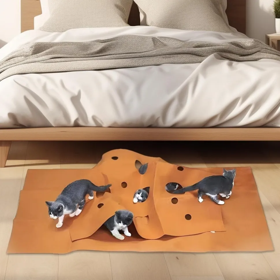 DOWNYPAWS - Tunnel pliable pour chat tapis d'entraînement--carré brun rougeâtre-120*90cm