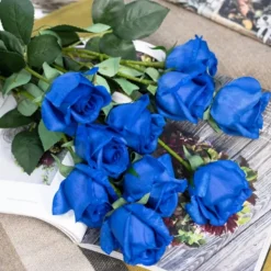 DTOPBUYAGE - Fleurs artificielles de faux roses pour décoration et cadeau rose bleue 2 pièces