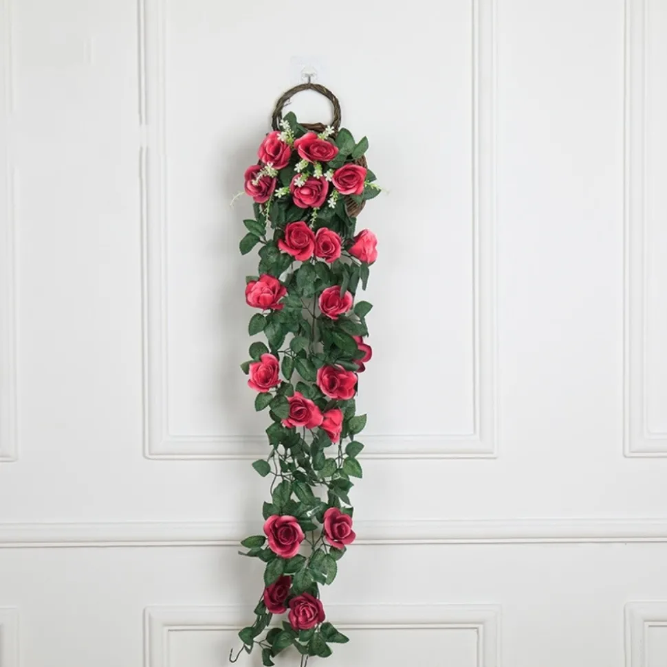 DTOPBUYAGE - Vinée de roses artificielles avec panier de bambou pour décoration rouge rosé dtopbuyage