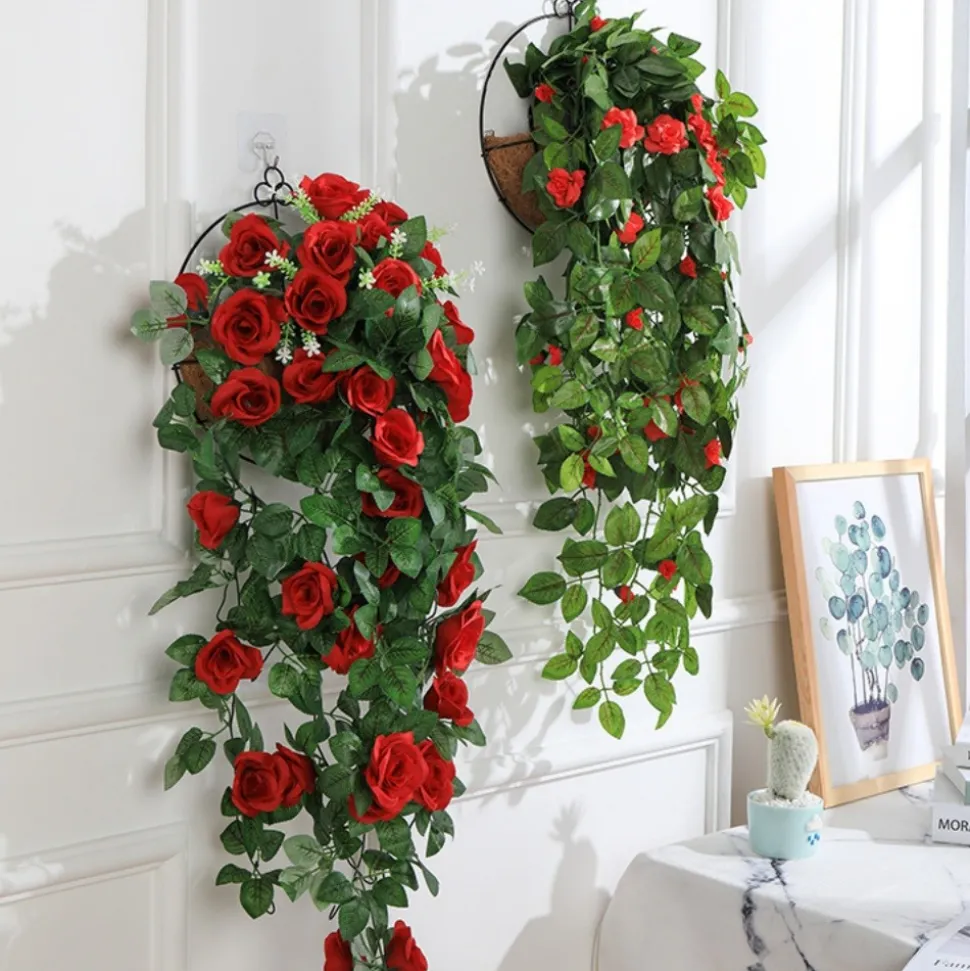 DTOPBUYAGE - Vinée de roses artificielles avec panier de bambou pour décoration rouge rosé dtopbuyage