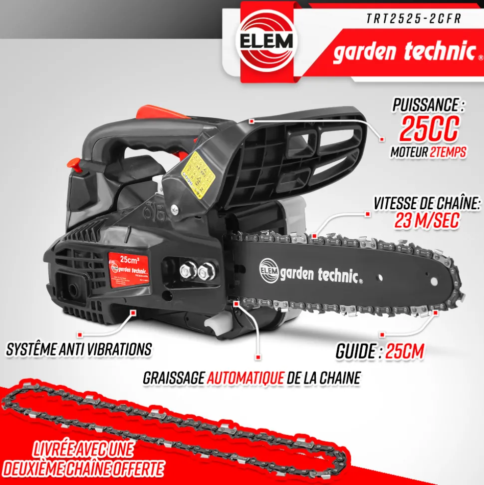 ELEM GARDEN TECHNIC - Elagueuse thermique 25cc - guide 25cm - 2 temps - livrée avec 2 chaînes - elem g