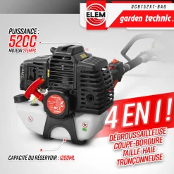ELEM GARDEN TECHNIC - Outil multifonctions 4 en 1(débroussailleuse - taille haies - élagueuse) - 52cc