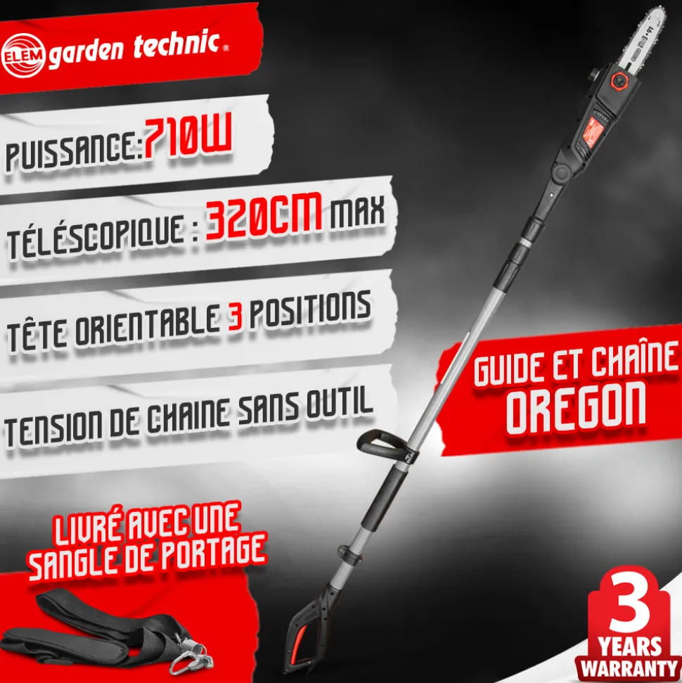ELEM GARDEN TECHNIC - Scie à ébrancher sur perche 710w guide oregon 24cm