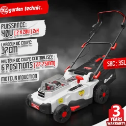 ELEM GARDEN TECHNIC - Tondeuse rechargeable 40v (2x20v) 37cm - batteries et chargeur fournis - elem ga