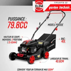 ELEM GARDEN TECHNIC - Tondeuse thermique poussée 79.8cc avec carter en plastique - elem garden technic