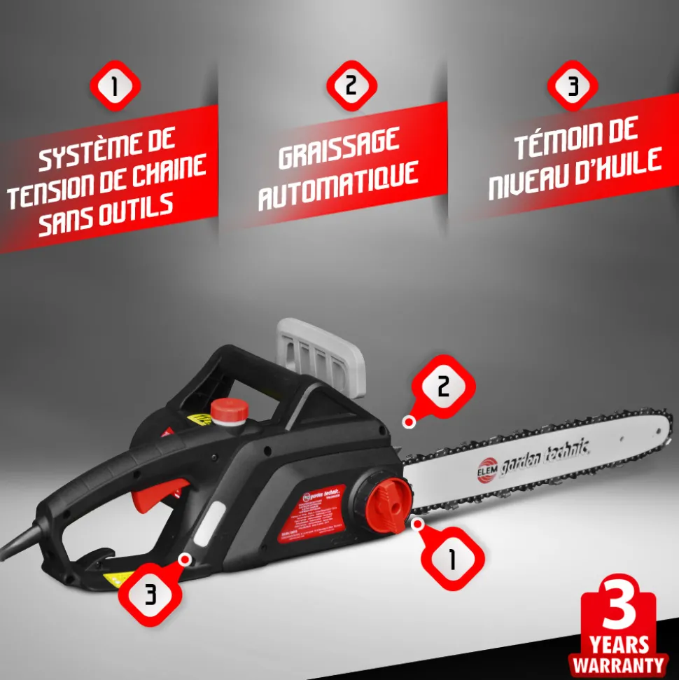 ELEM GARDEN TECHNIC - Tronçonneuse électrique 2000w - guide 40cm - 12,1 m/s - elem garden