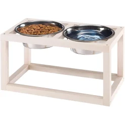 Ferplast support de gamelle pour chien desco wood, avec 2 gamelle en acier inoxydables - élégante gamelle en bois surélevée et