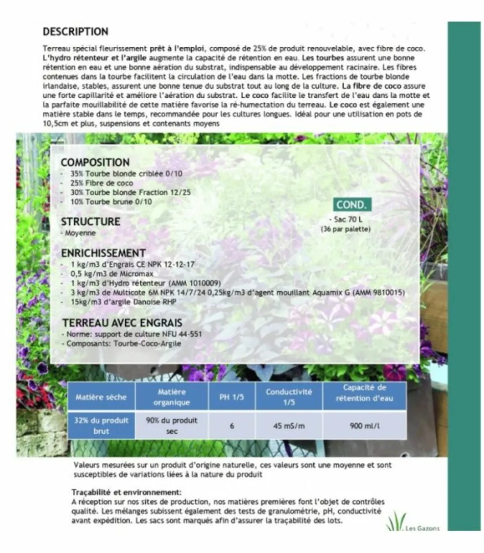 FLORIVERT - Terreau complet prêt à l'emploi flori fleurissement pae 70l, idéal pour pots et balcon - florivert neg01617