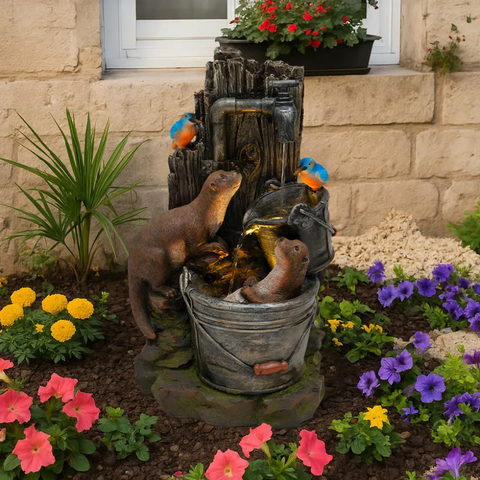 Fontaine de jardin otter oasis avec éclairage led blanc chaud & brosse à nettoyage
