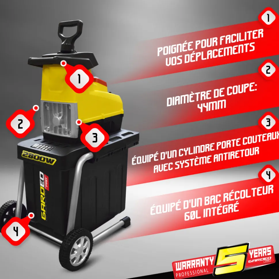 GARDEO PRO - Broyeur de végétaux électrique 2800w 44mm - gardeo