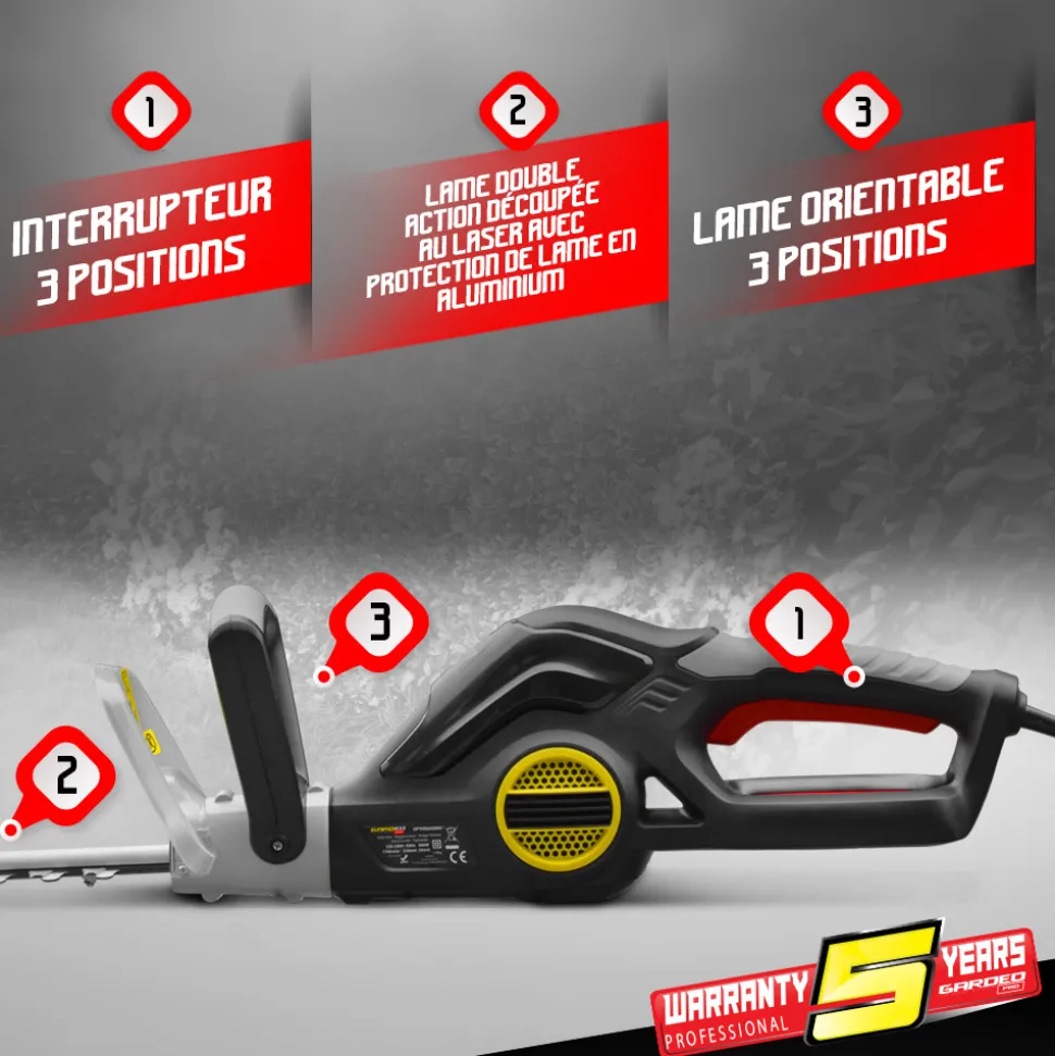 GARDEO PRO - Taille-haies électrique 600w avec lame 55 cm - coupe 20 mm - poignée rotative -