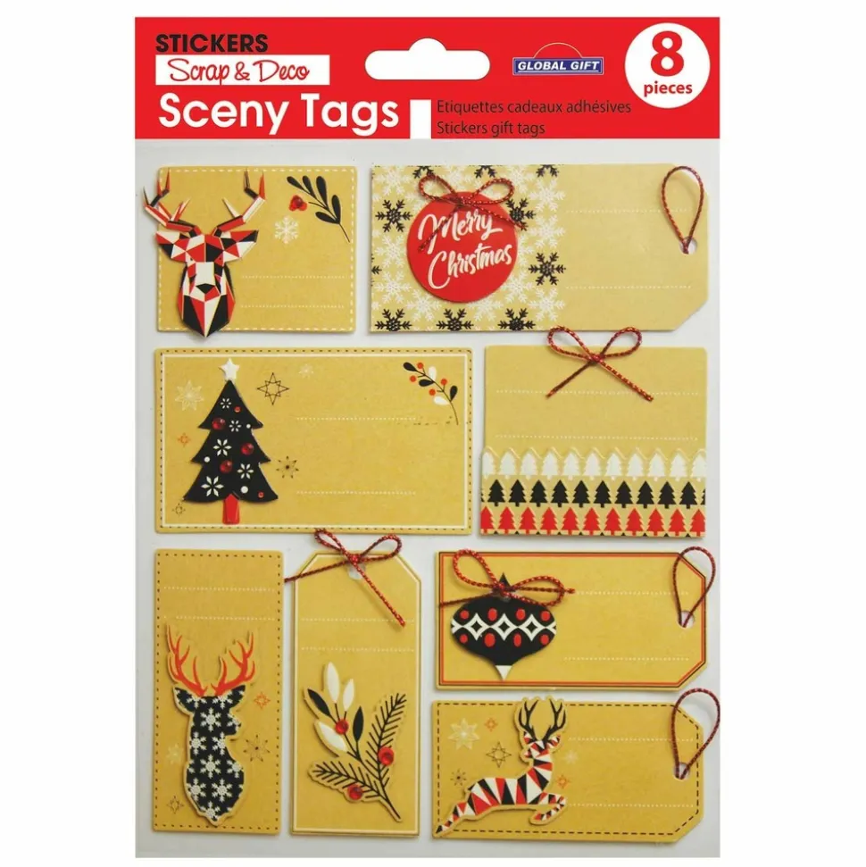 GLOBAL GIFT - 8 étiquettes cadeaux autocollantes - noël scandinave kraft