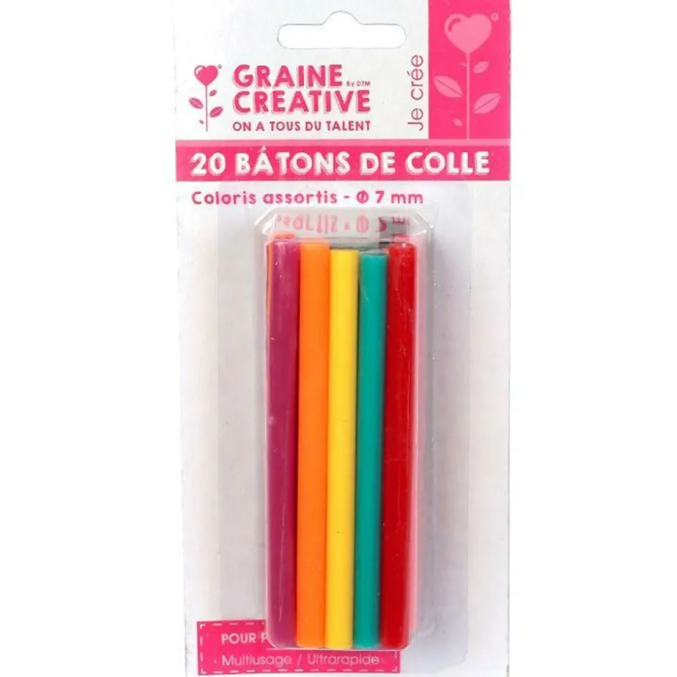 GRAINE CRÉATIVE - 20 bâtonnets de colle pour pistolet à colle ø 7 mm - couleurs