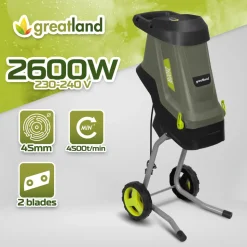 GREATLAND - Broyeur de végétaux électrique 2600w avec sac récupérateur de 45l