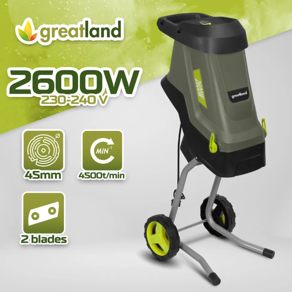 GREATLAND - Broyeur de végétaux électrique 2600w avec sac récupérateur de 45l