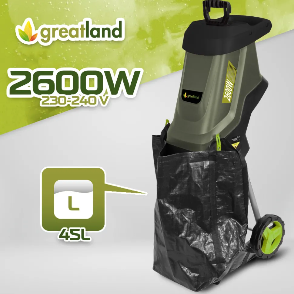 GREATLAND - Broyeur de végétaux électrique 2600w avec sac récupérateur de 45l