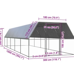 HELLOSHOP26 - Poulailler enclos cage poules d'extérieur 3 x 10 x 2 m acier galvanisé argent