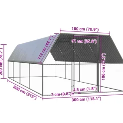 HELLOSHOP26 - Poulailler enclos cage poules d'extérieur 3 x 8 x 2 m acier galvanisé argent