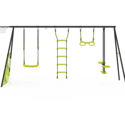 IDMARKET - Balançoire 4 agrès portique avec balançoire face à face trapèze échelle panier de basket et buts de foot