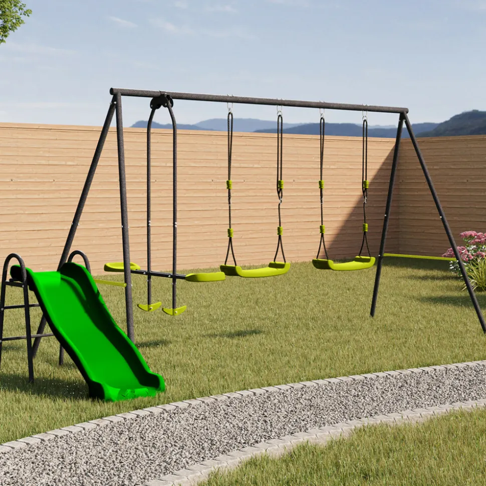IDMARKET - Balançoire 3 agrès portique avec 2 balançoires, 1 face à face et toboggan