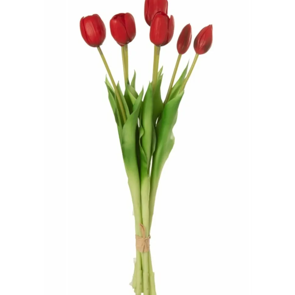 J-LINE - Bouquet de 7 tulipes artificiel en synthétique rouge 17x10x46 cm