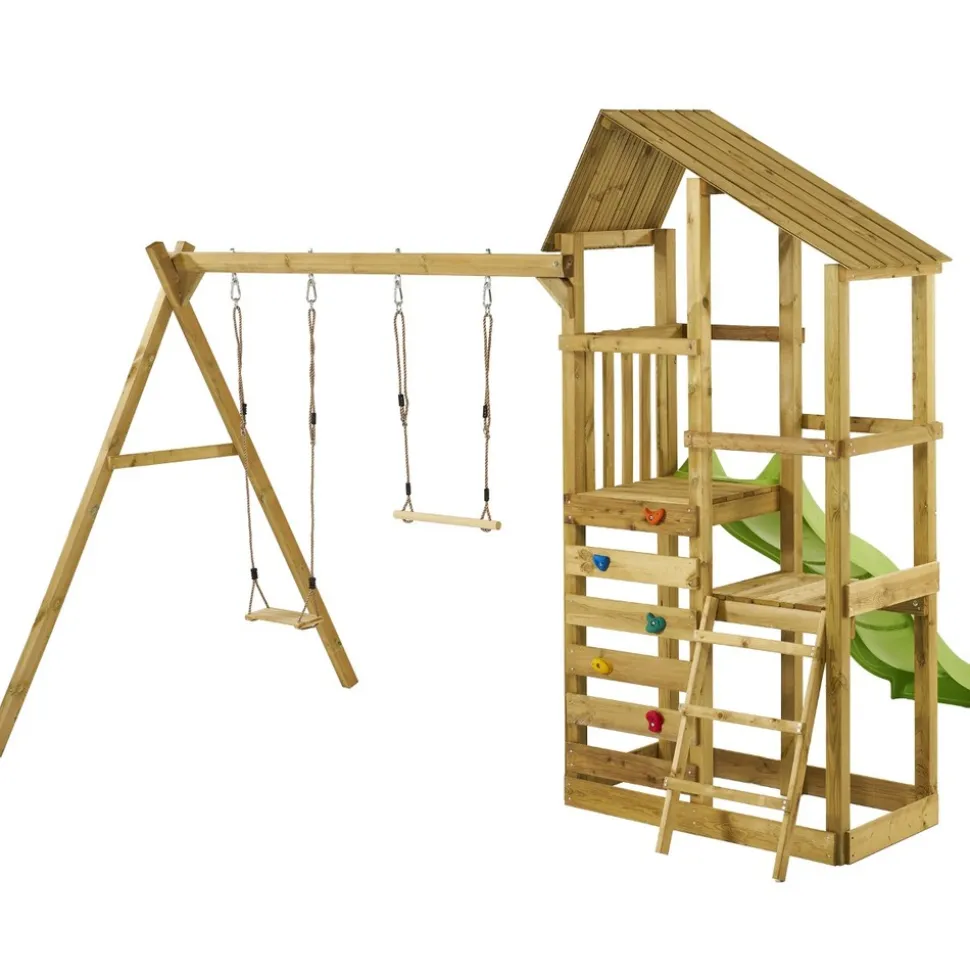 KANGUI - Tour de jeux en bois woupi balançoire, trapèze, toboggan, mur escalade, cabane