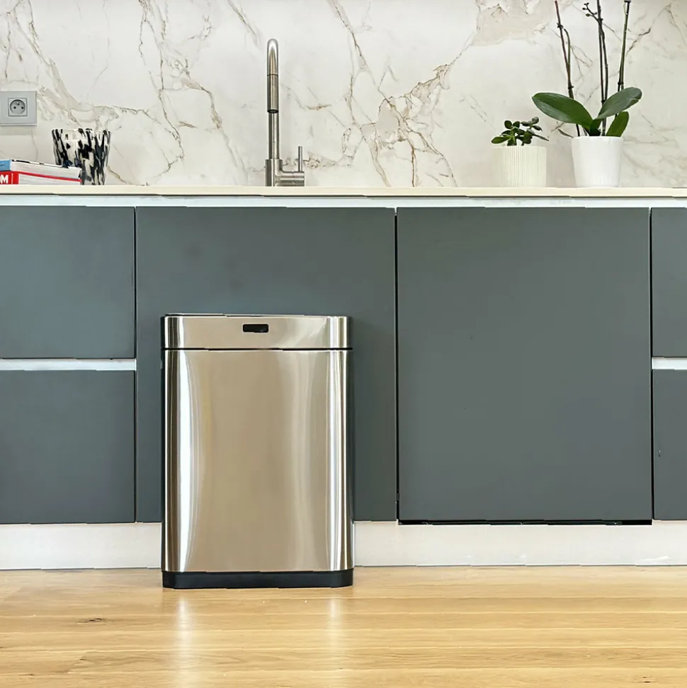 KITCHEN MOVE - Poubelle de cuisine automatique upper gris acier inoxydable 60 l