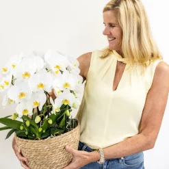 LA GREEN TOUCH - Bouquet d'orchidées blanches en panier coton avec réservoir d'eau 55cm - plante d'intérieur