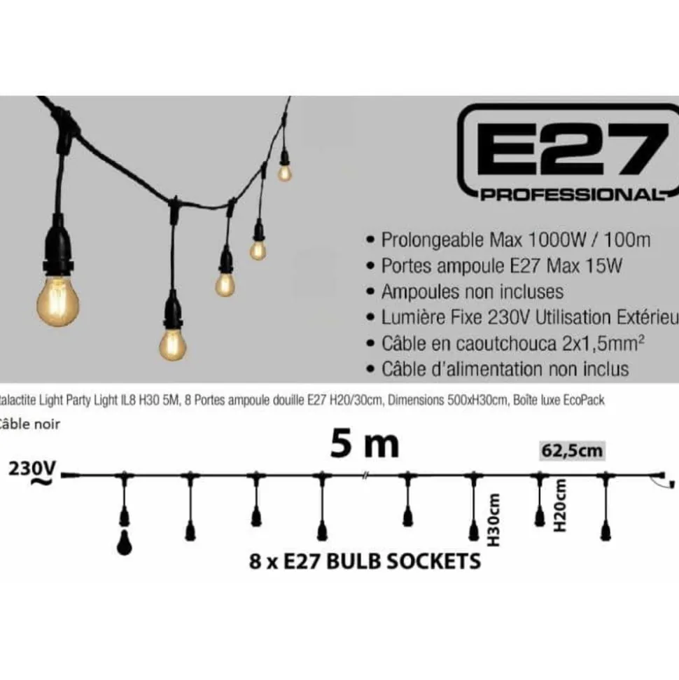 LOTTI - Guirlande guinguette stalactite 5m hauteur 30cm 8 douilles e27 cable noir luxa 230v ip44 lotti