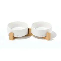 M PETS - Bols céramique avec support en bambou 2x350 ml - mpets - opera - blanc