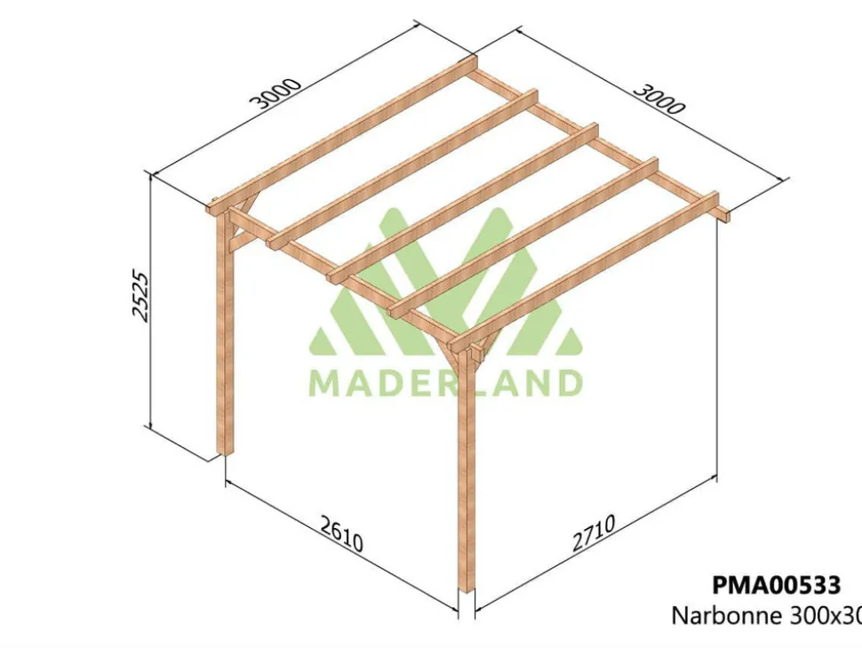 MADERLAND - Pergola en bois adossée - modèle narbonne - 300 x 300 cm